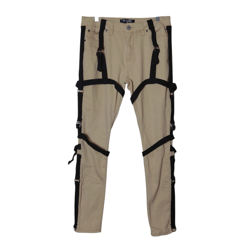 Serenede Tan Chinos Skinny Bondage Jeans Denim W/Black Strap Accents Size 34